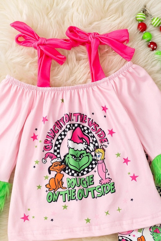 Christmas Grinch 2 Piece Set On Pink with Green Fur