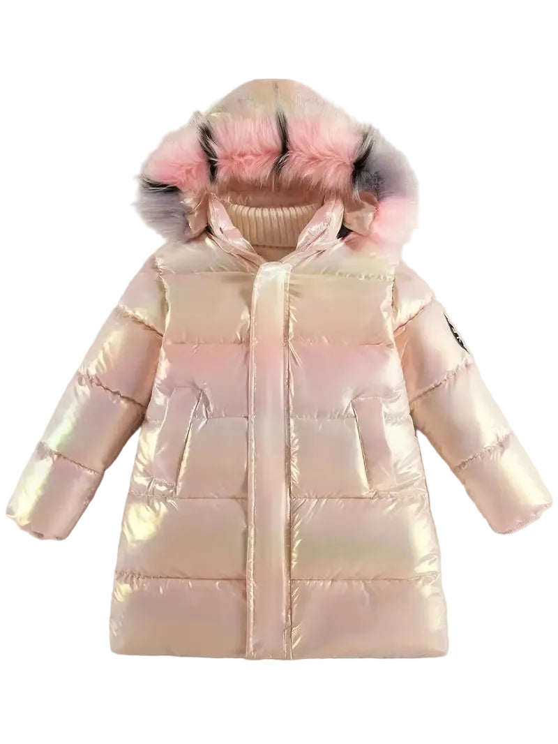 Children's puffer jacket with pink fur hood on a white background