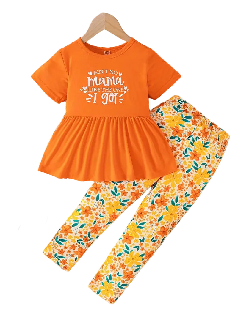 Orange top and floral leggings set on a white background