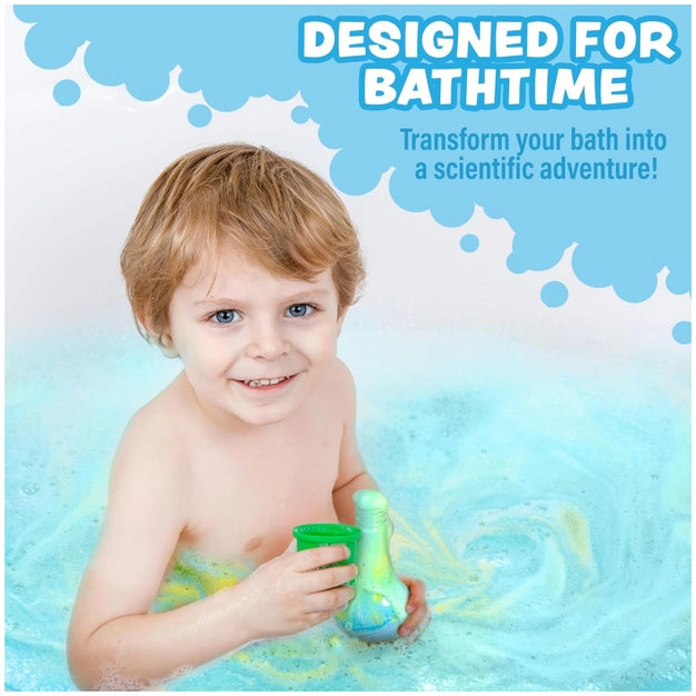 Child in a bathtub with bath toys, surrounded by blue water and bubbles, with text 'Designed for Bathtime' and 'Transform your bath into a scientific adventure!'.