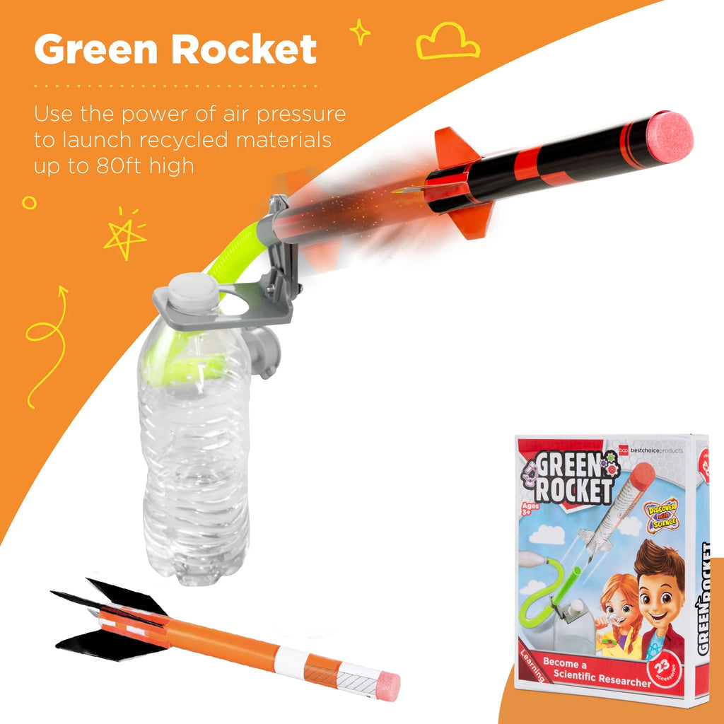 Green Rocket toy set with packaging on an orange and white background