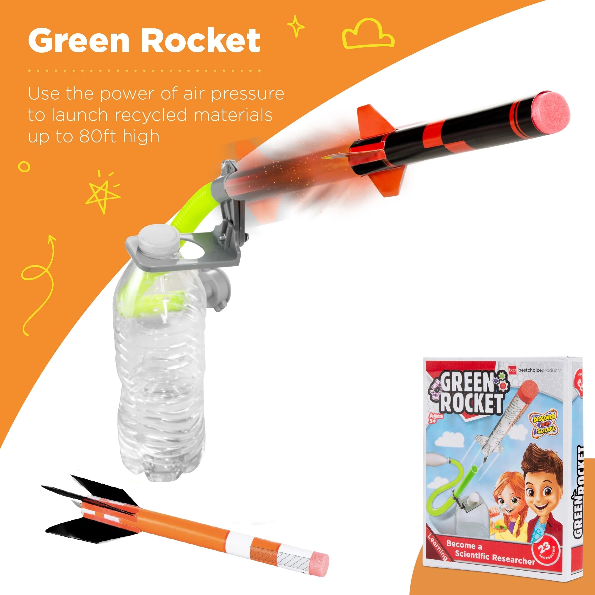 Green Rocket toy set with packaging on an orange and white background