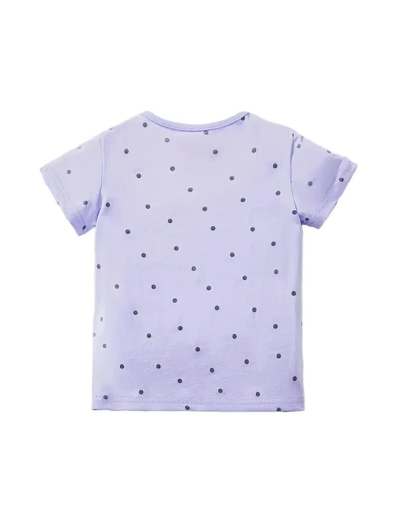Purple t-shirt with white polka dots on a white background