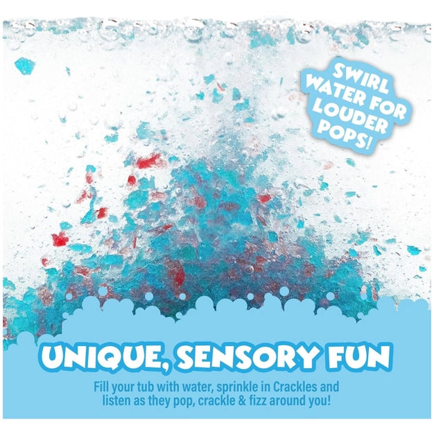 Product packaging with water splash design and text about sensory fun and crackles.