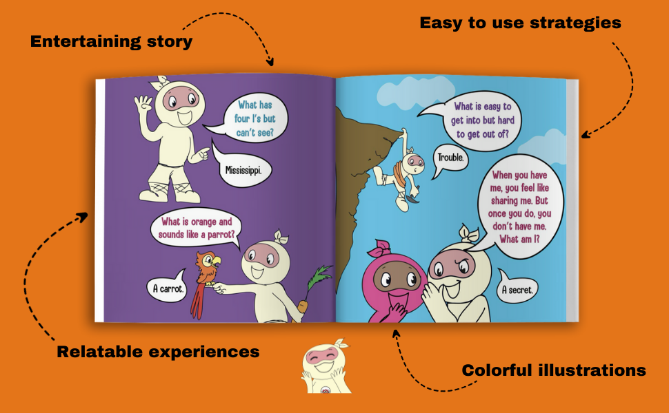 Open book with cartoon characters on an orange background, highlighting features like entertaining story, easy-to-use strategies, relatable experiences, and colorful illustrations.