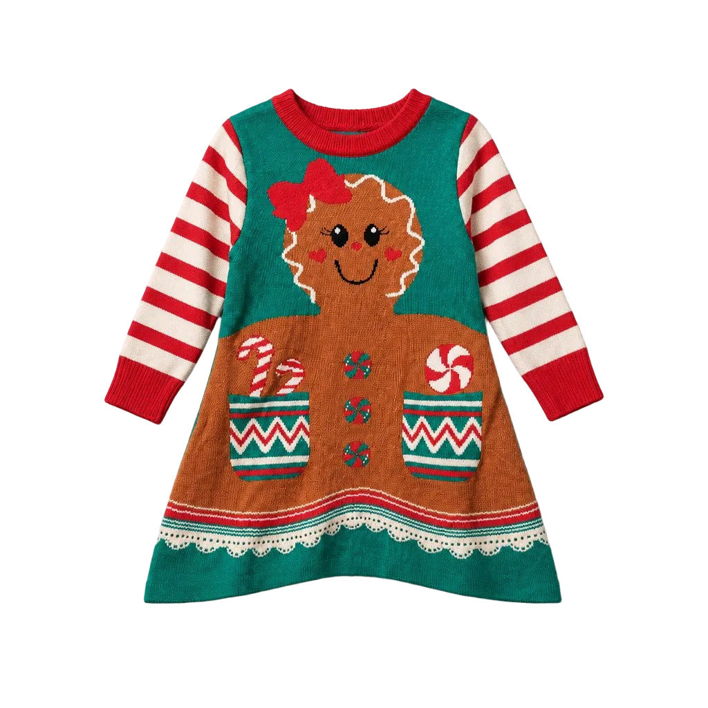 Gingerbread Girl Sweater Dress with Red & White Striped Sleeves and Candy Cane and Peppermint Graphics
