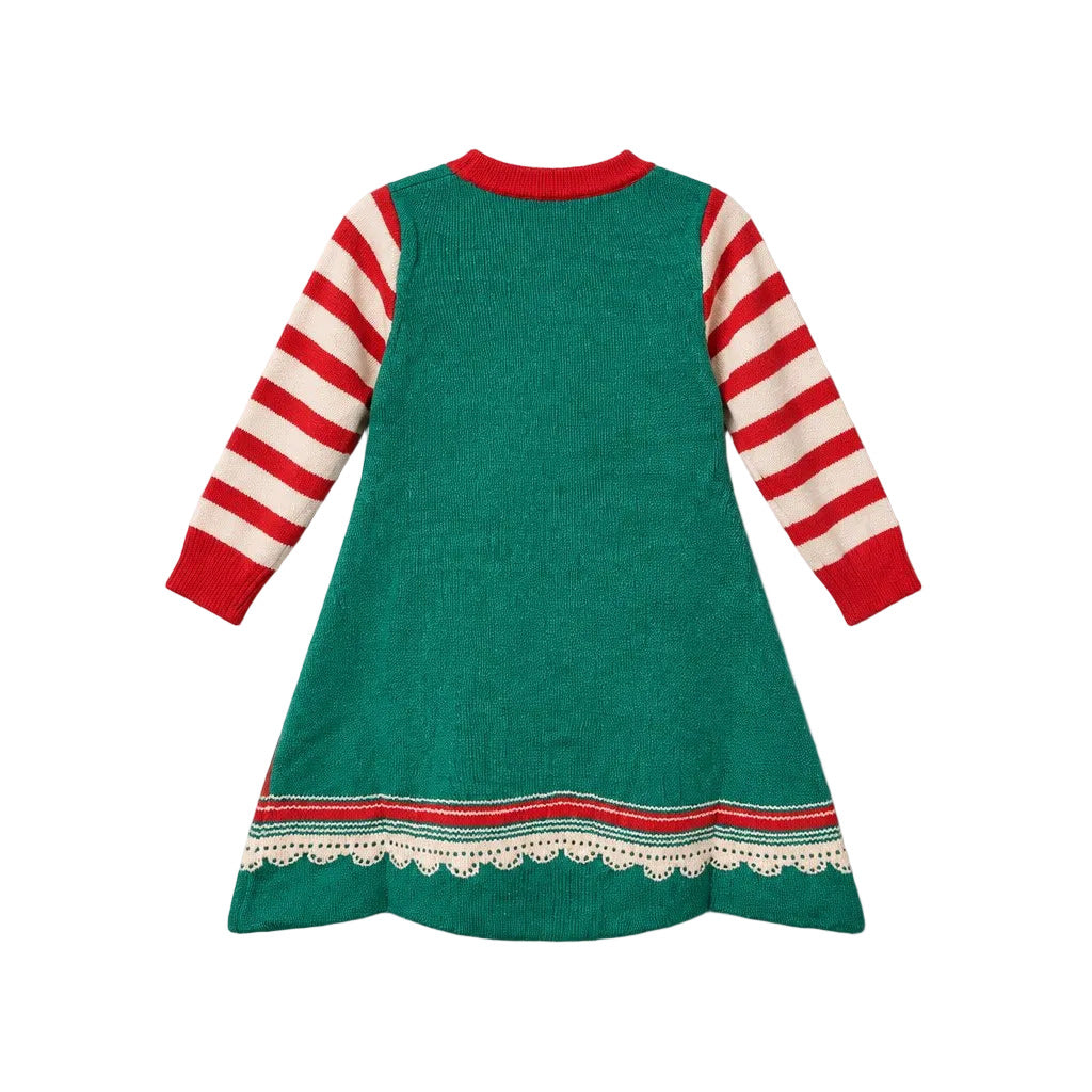 Gingerbread Girl Sweater Dress with Red & White Striped Sleeves and Candy Cane and Peppermint Graphics