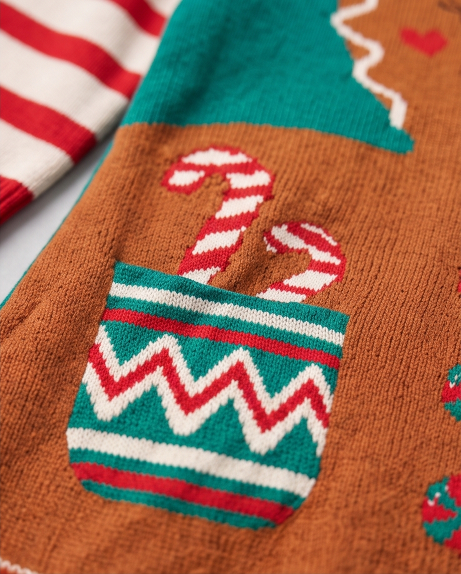 Gingerbread Girl Sweater Dress with Red & White Striped Sleeves and Candy Cane and Peppermint Graphics