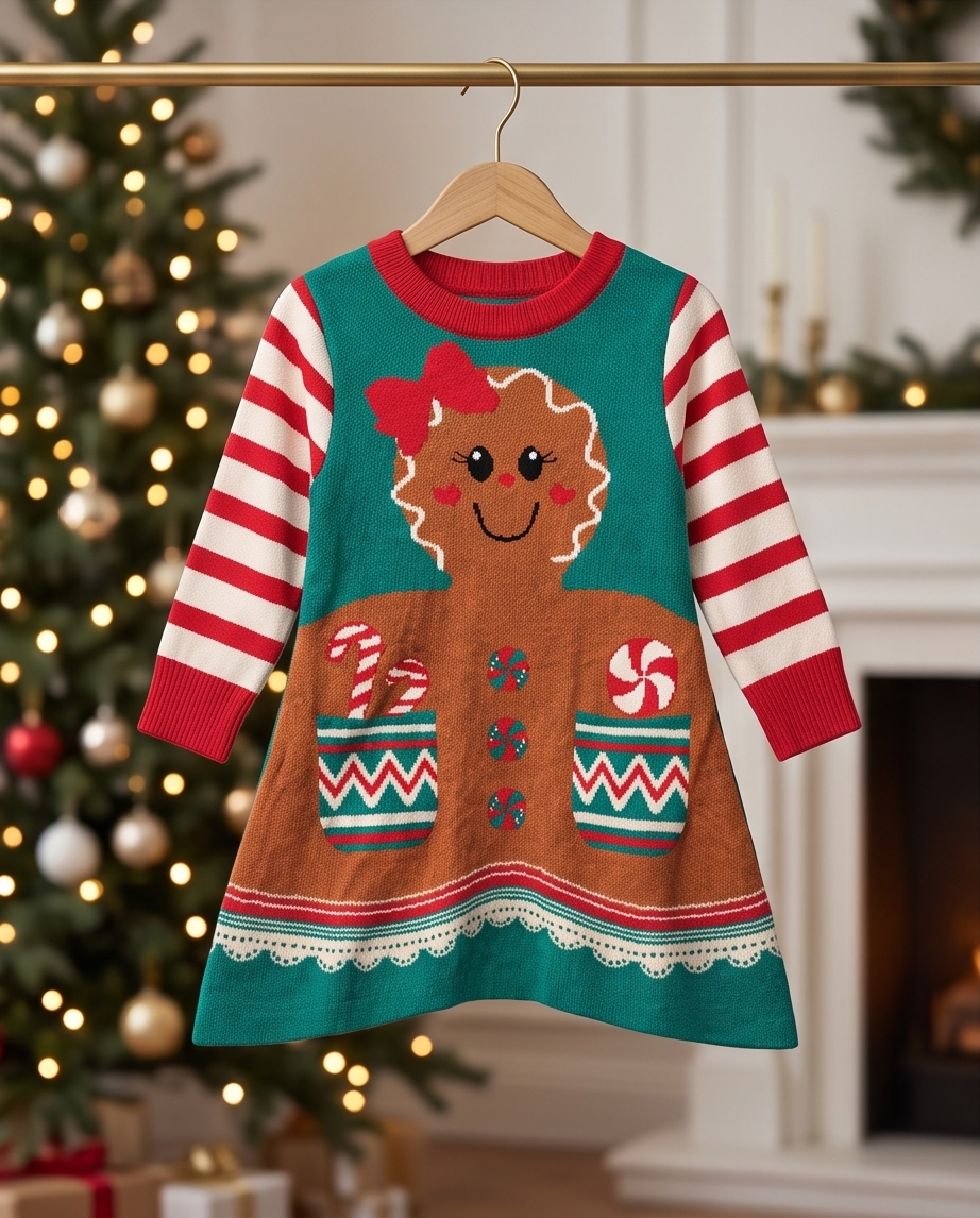 Gingerbread Girl Sweater Dress with Red & White Striped Sleeves and Candy Cane and Peppermint Graphics