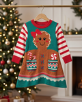 Gingerbread Girl Sweater Dress with Red & White Striped Sleeves and Candy Cane and Peppermint Graphics