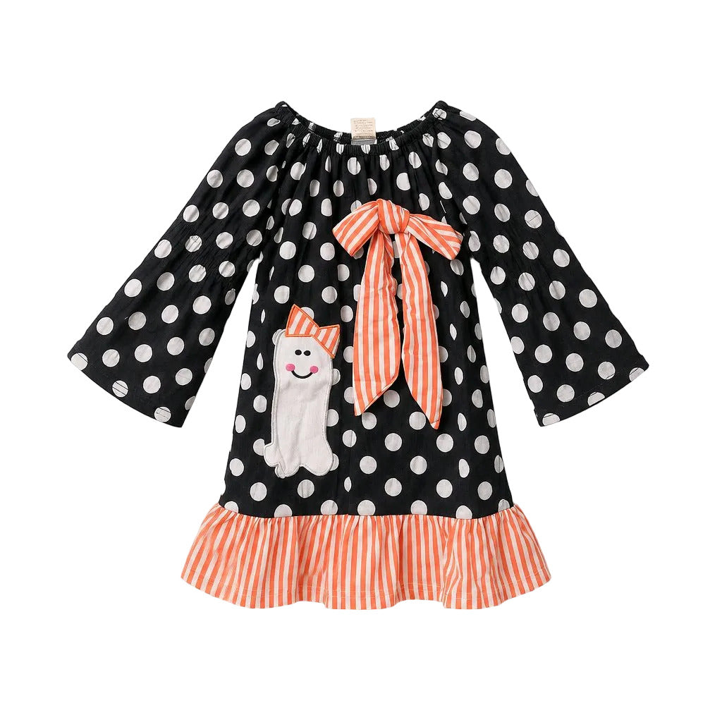 Black & White Polka Dot Cotton Dress With Orange Striped Bow and Ghost