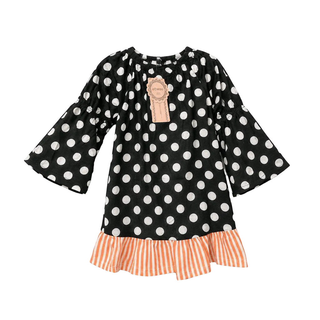 Black & White Polka Dot Cotton Dress With Orange Striped Bow and Ghost