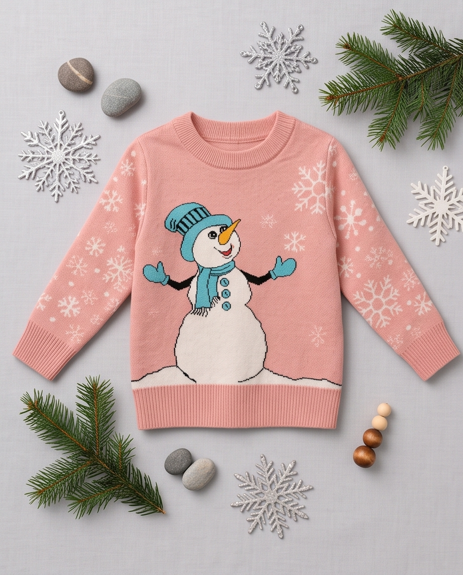 Pink Snowman Sweater with White Snowflakes