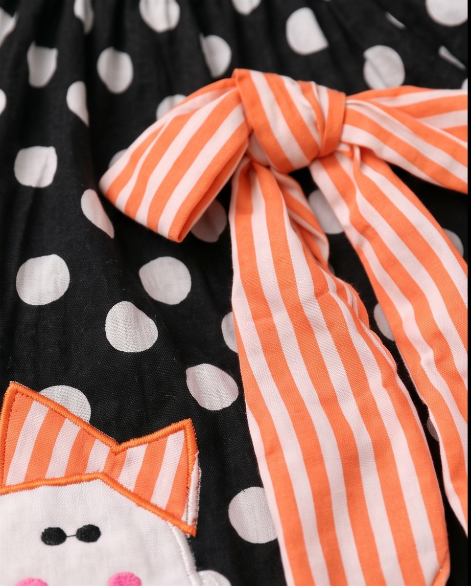 Black & White Polka Dot Cotton Dress With Orange Striped Bow and Ghost