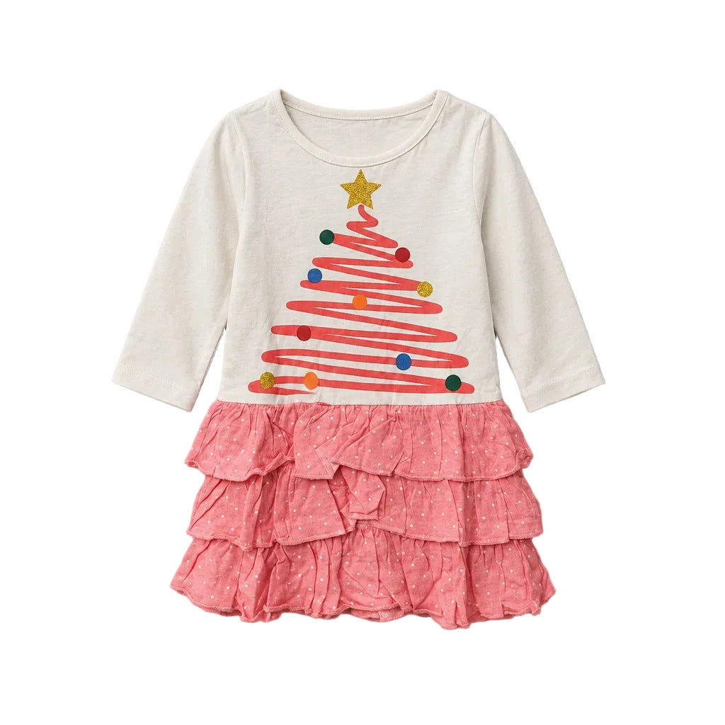 White Christmas Cotton Dress with Pink Christmas Tree and Gold Star