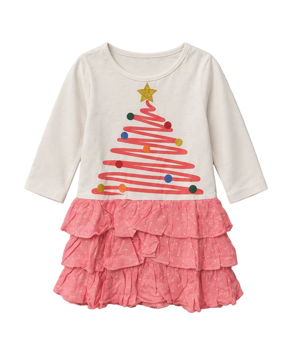 White Christmas Cotton Dress with Pink Christmas Tree and Gold Star