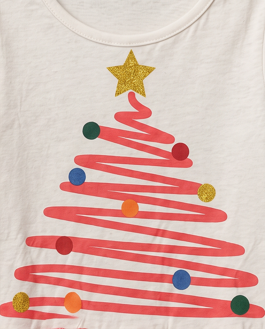 White Christmas Cotton Dress with Pink Christmas Tree and Gold Star