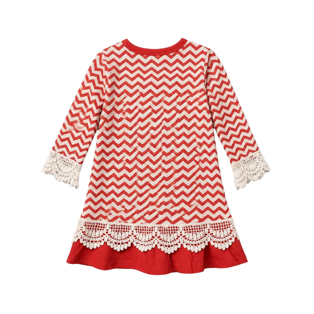 Red and White Chevron Christmas Cotton Dress with Santa Claus Appliqué and Green Bow
