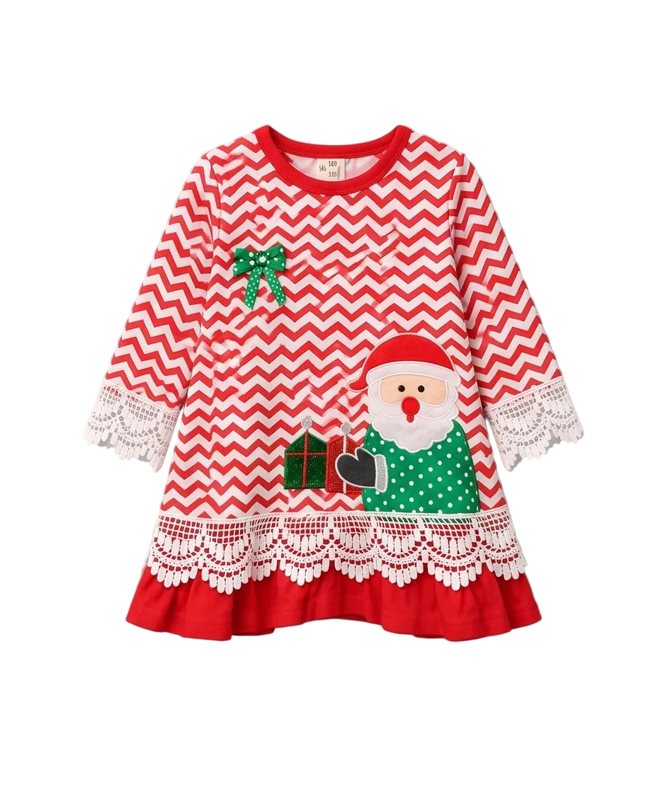 Red and White Chevron Christmas Cotton Dress with Santa Claus Appliqué and Green Bow