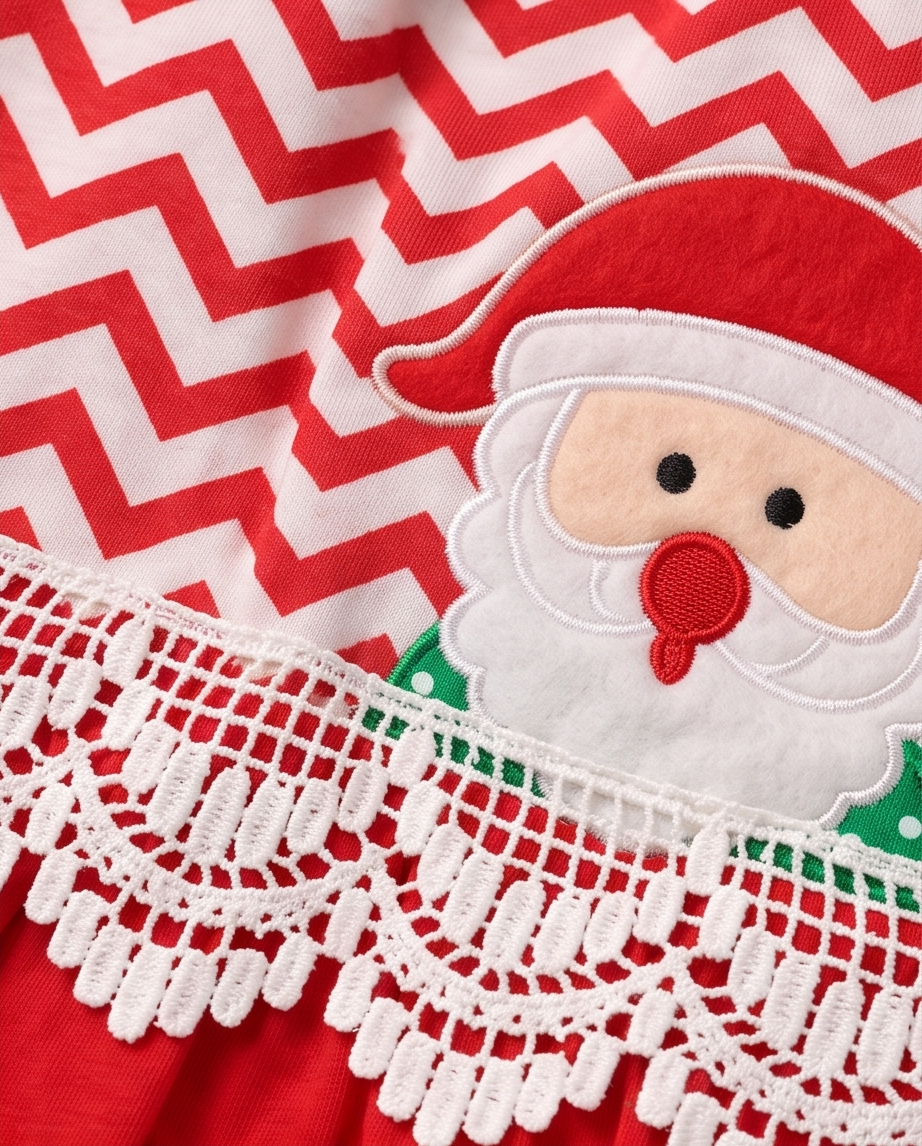 Red and White Chevron Christmas Cotton Dress with Santa Claus Appliqué and Green Bow