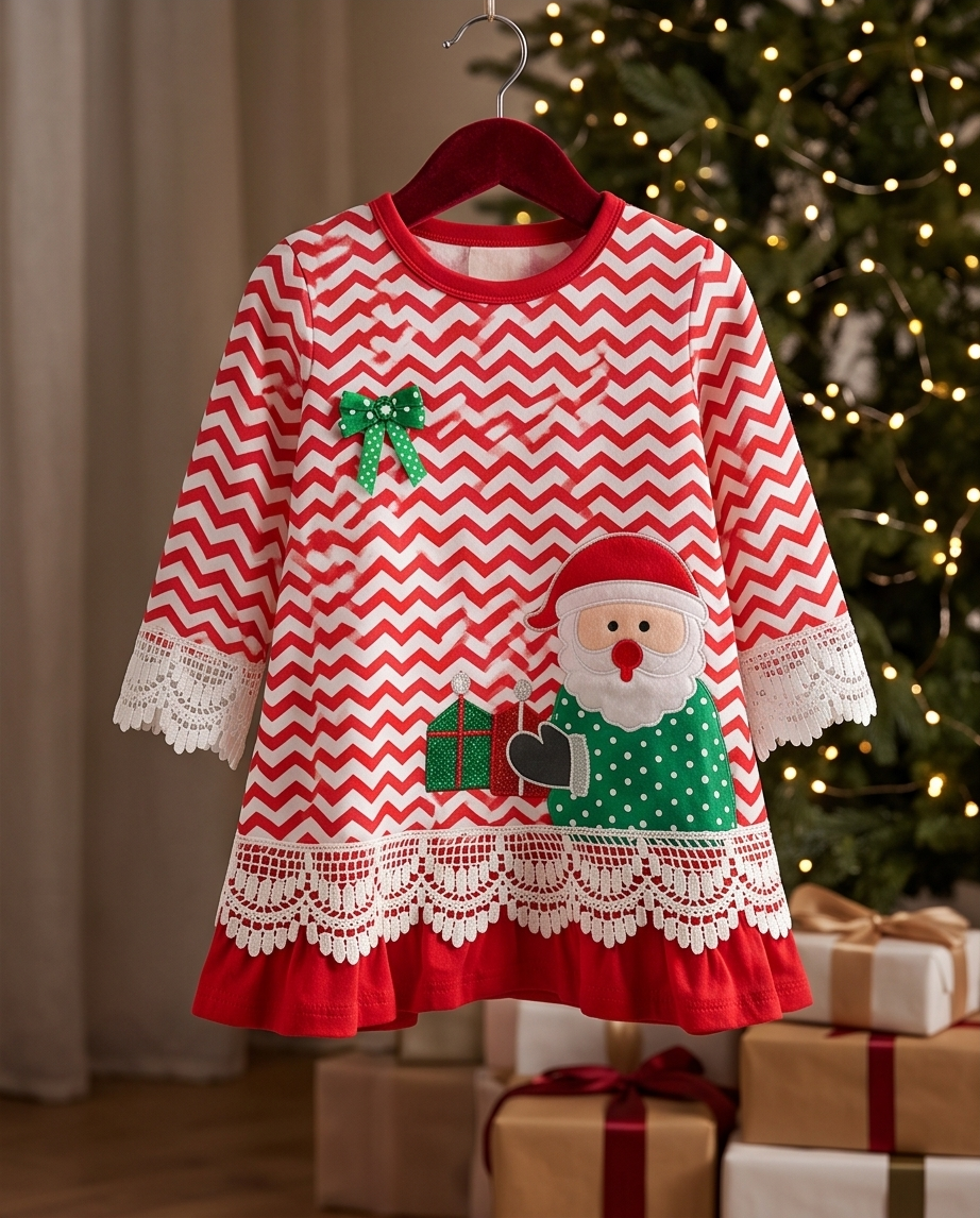 Red and White Chevron Christmas Cotton Dress with Santa Claus Appliqué and Green Bow