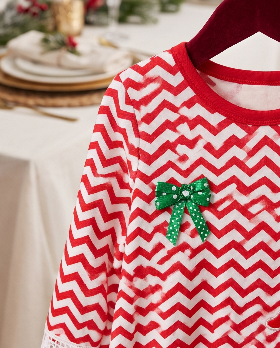 Red and White Chevron Christmas Cotton Dress with Santa Claus Appliqué and Green Bow