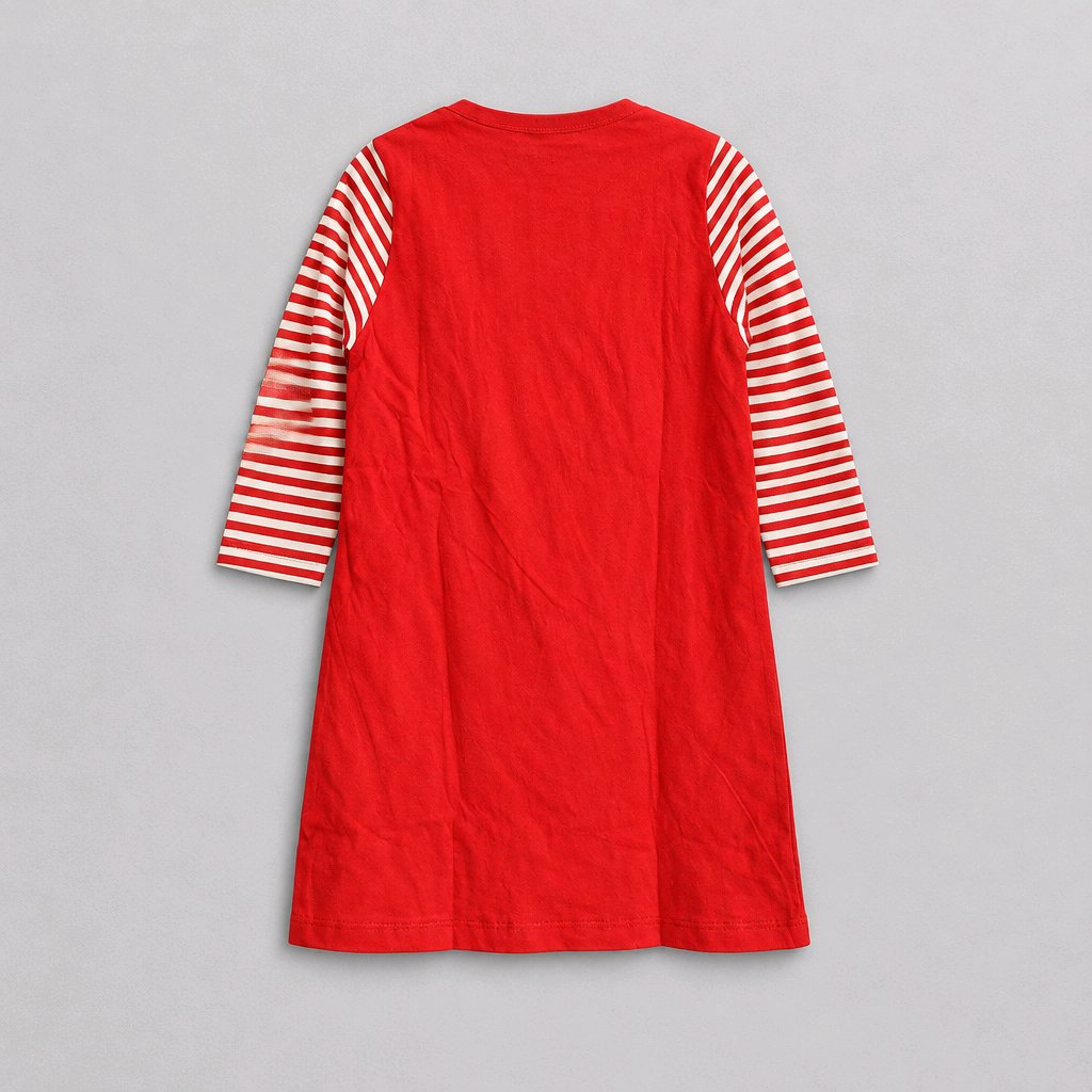 Red Christmas Cotton Dress with White Stripes on Sleeves and Pom Pom Christmas Tree with Rabbits