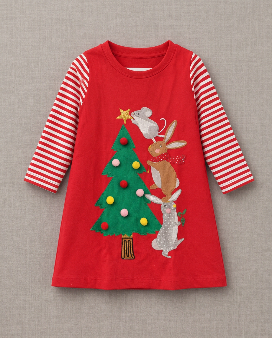 Red Christmas Cotton Dress with White Stripes on Sleeves and Pom Pom Christmas Tree with Rabbits