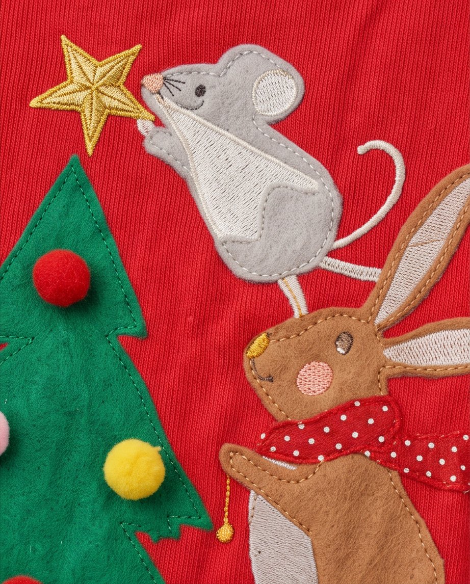Red Christmas Cotton Dress with White Stripes on Sleeves and Pom Pom Christmas Tree with Rabbits