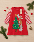 Red Christmas Cotton Dress with White Stripes on Sleeves and Pom Pom Christmas Tree with Rabbits