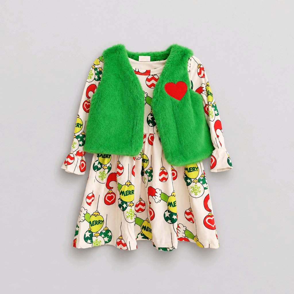Christmas Grinch Long Sleeve Dress with Fur Vest & Heart