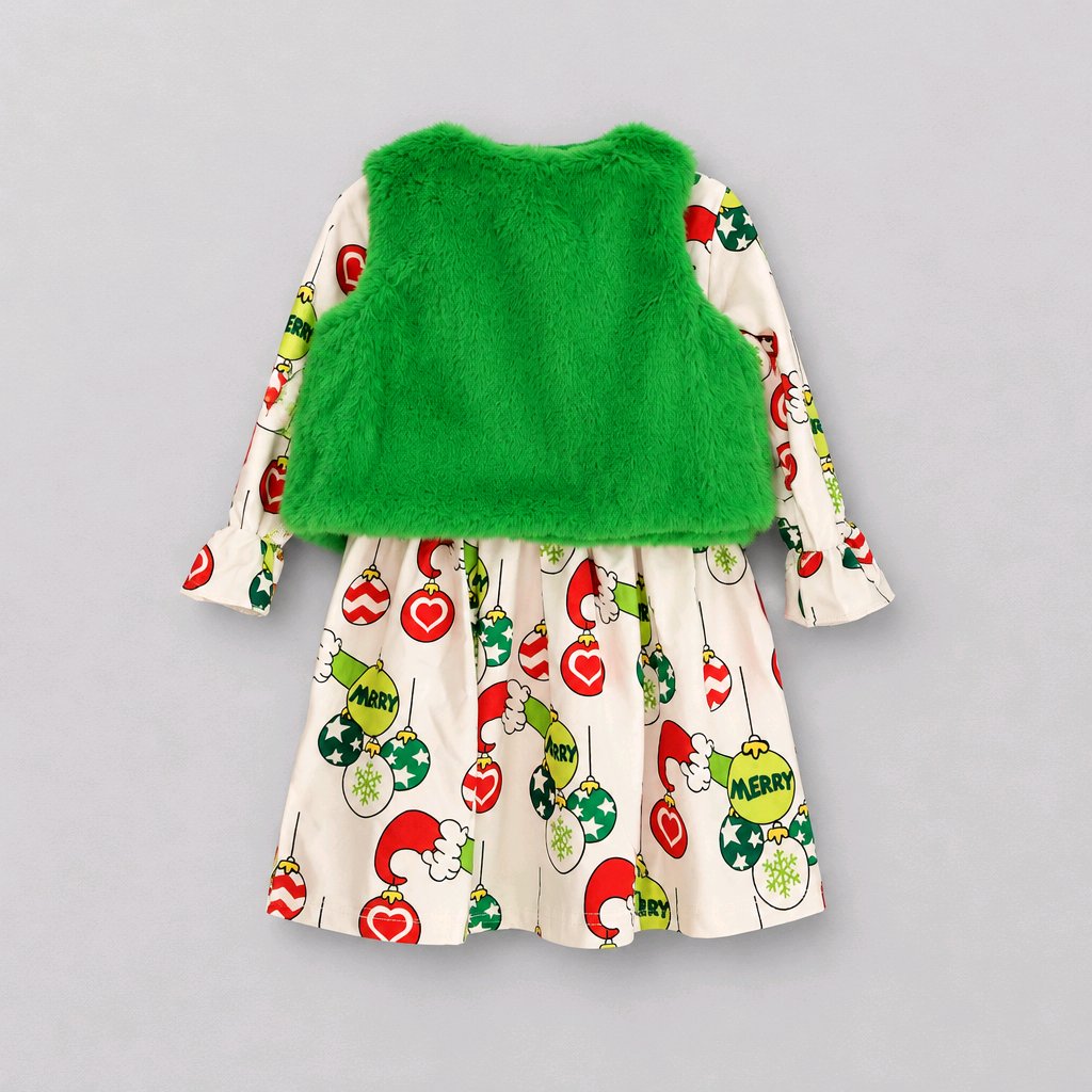 Christmas Grinch Long Sleeve Dress with Fur Vest & Heart