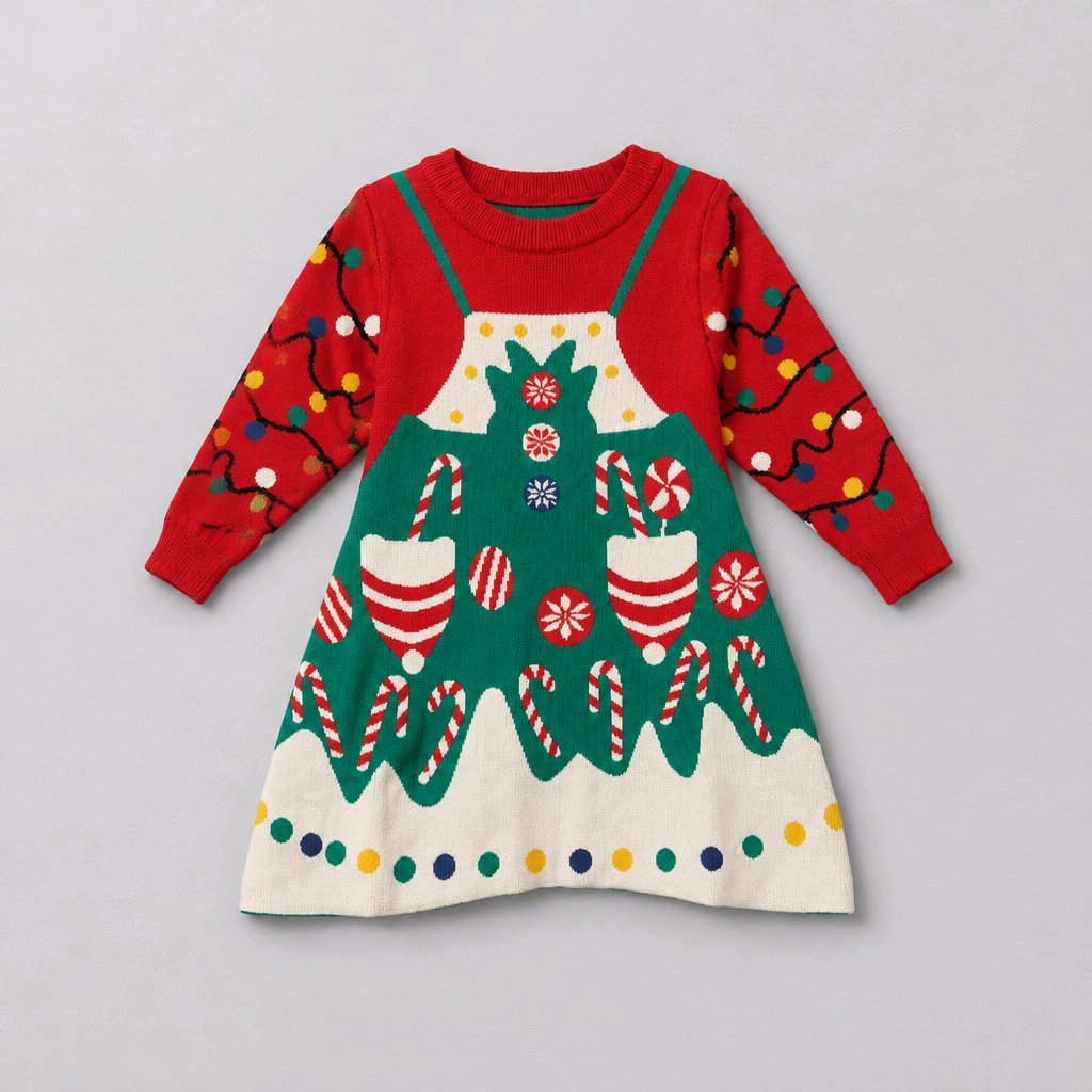 Christmas sweater dress with candy canes, ornaments, and lights