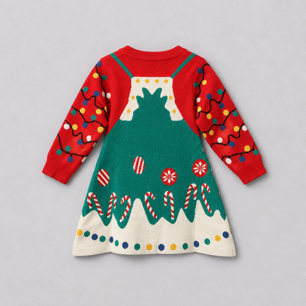Christmas sweater dress with candy canes, ornaments, and lights