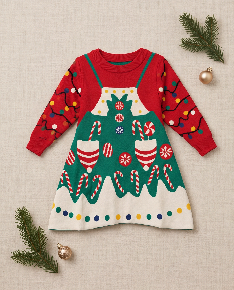 Christmas sweater dress with candy canes, ornaments, and lights
