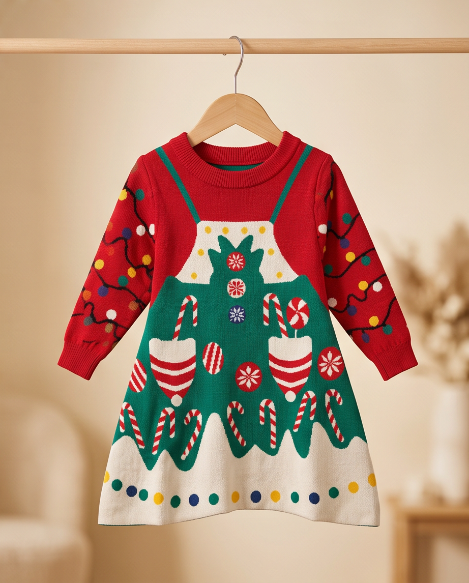 Christmas sweater dress with candy canes, ornaments, and lights