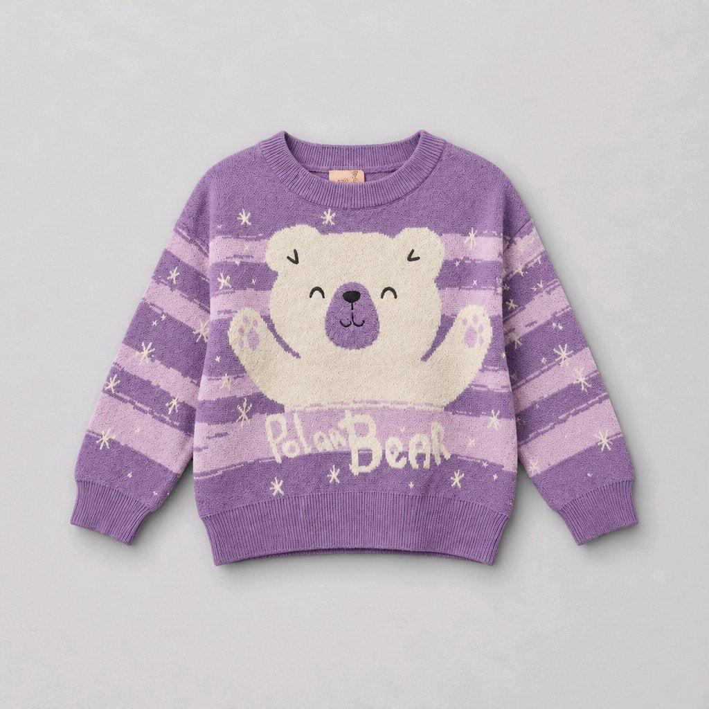 Purple and white striped cotton sweater with white polar bear graphic and 'Polar Bear'