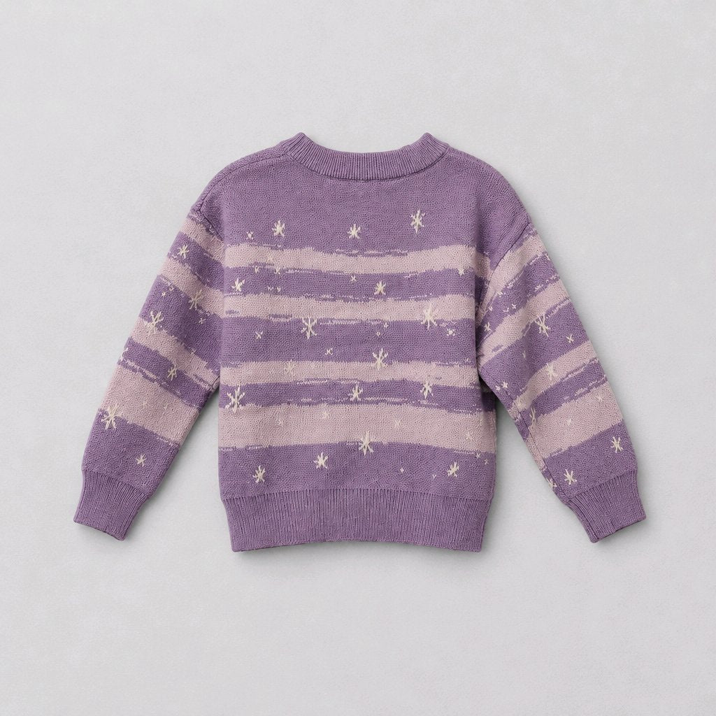 Purple and white striped cotton sweater with white polar bear graphic and 'Polar Bear'