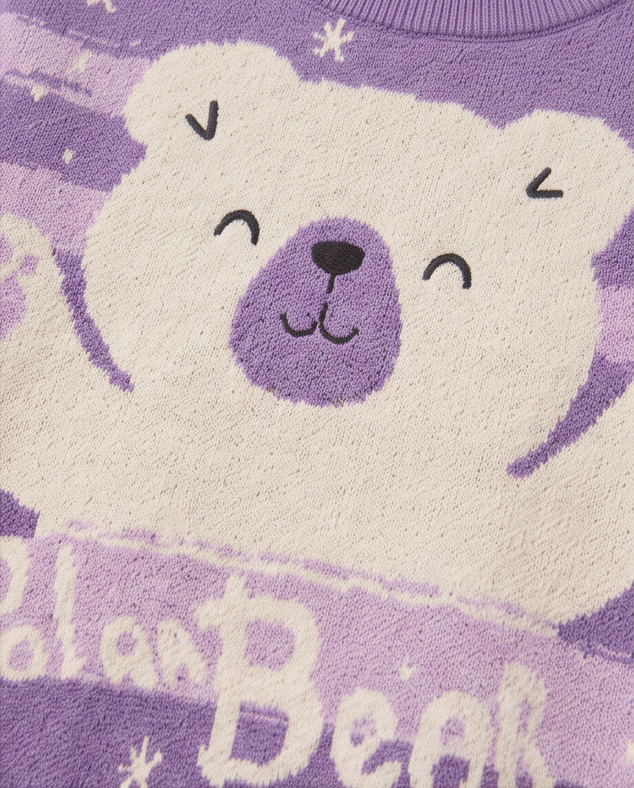 Purple and white striped cotton sweater with white polar bear graphic and 'Polar Bear'