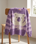 Purple and white striped cotton sweater with white polar bear graphic and 'Polar Bear'