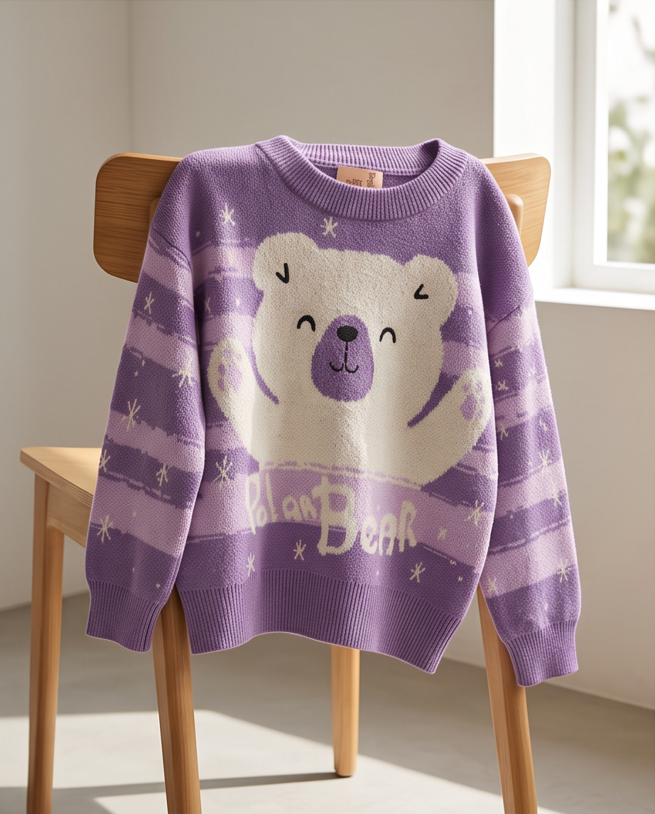 Purple and white striped cotton sweater with white polar bear graphic and 'Polar Bear'