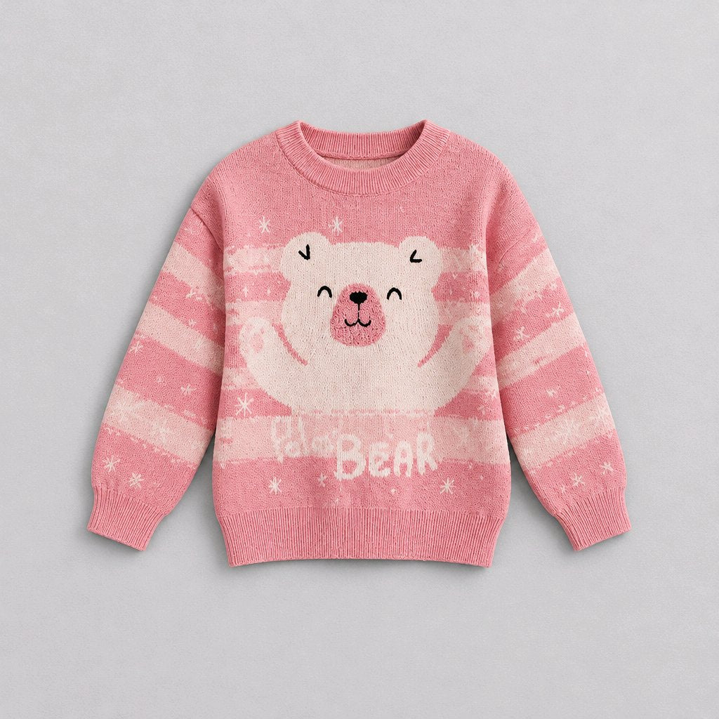 Pink and white striped cotton sweater with white polar bear graphic and 'Polar Bear'