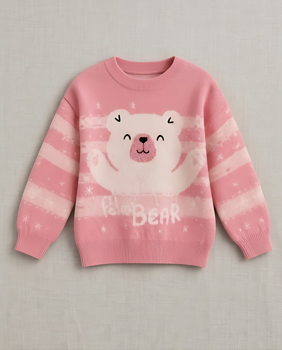 Pink and white striped cotton sweater with white polar bear graphic and 'Polar Bear'