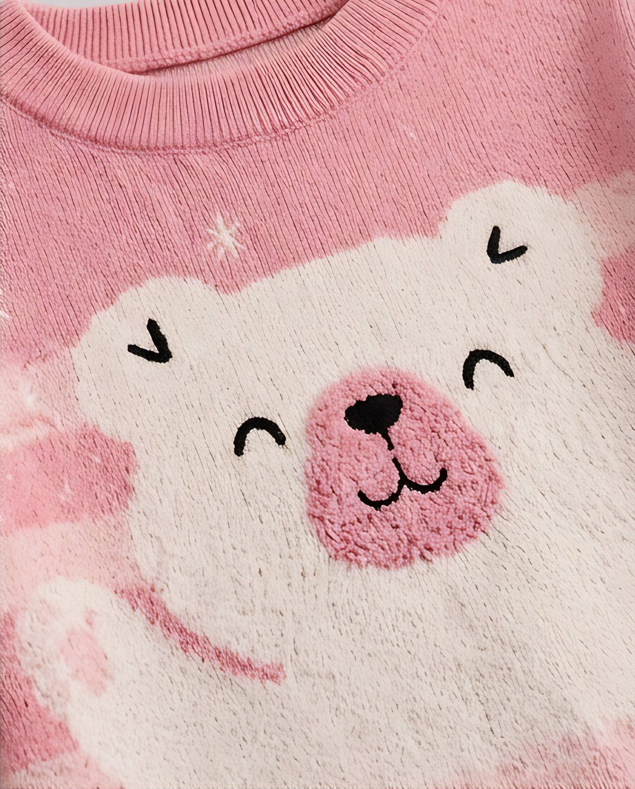 Pink and white striped cotton sweater with white polar bear graphic and 'Polar Bear'