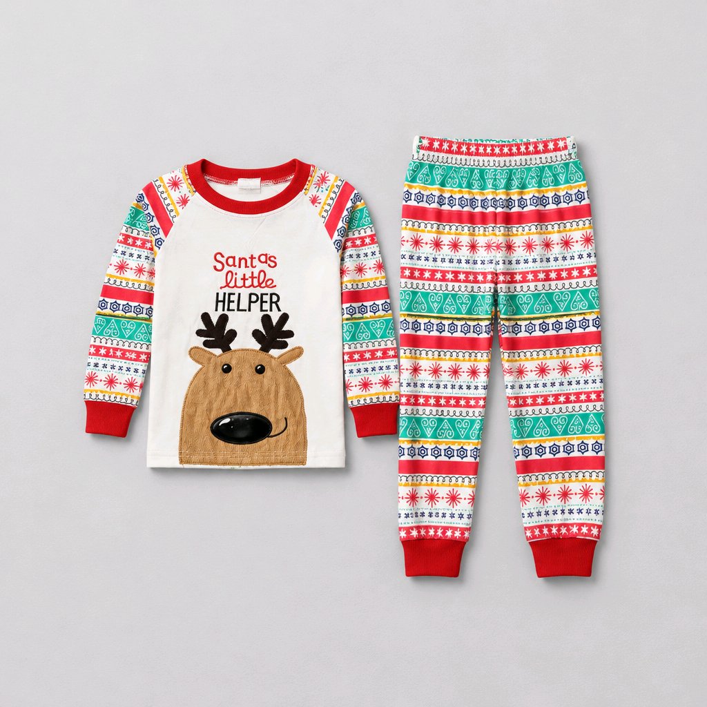 Kids Christmas cotton pajamas with reindeer graphic and 'Santa's Little Helper' text