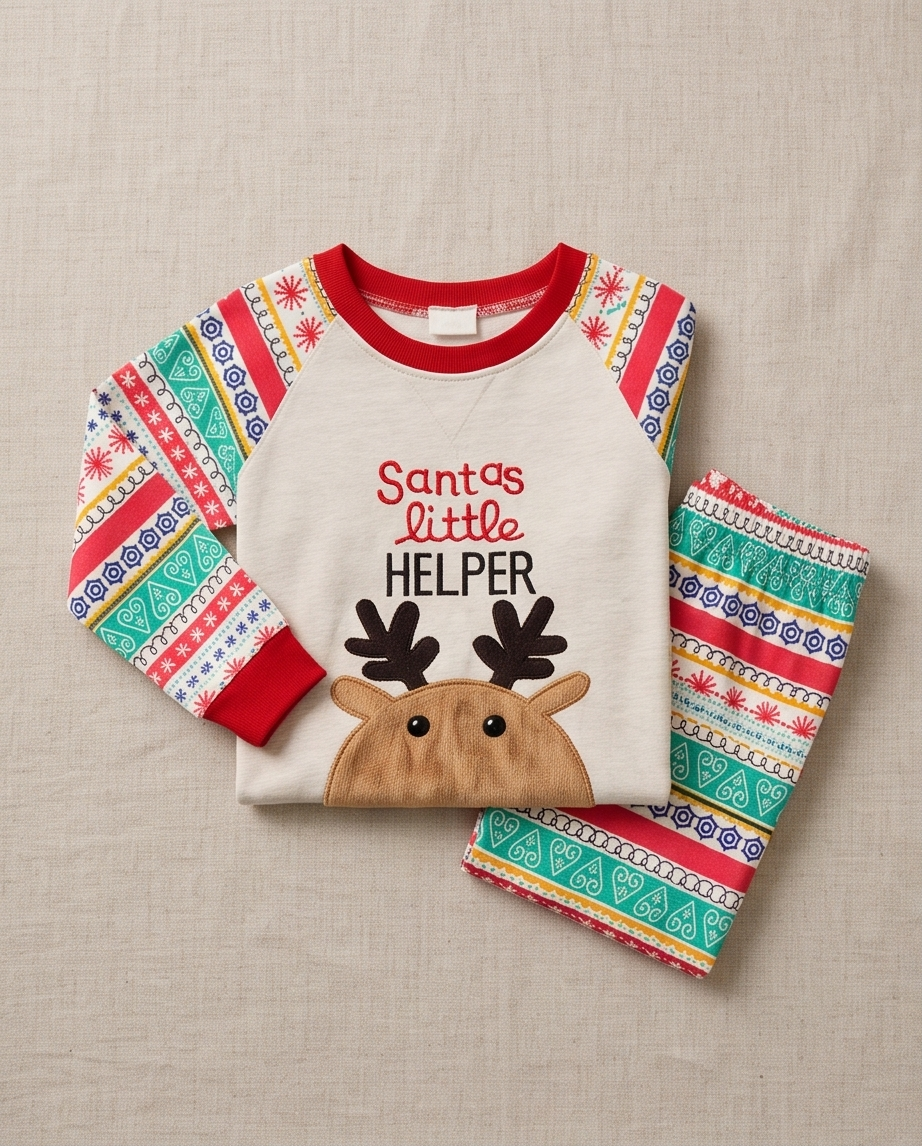 Kids Christmas cotton pajamas with reindeer graphic and 'Santa's Little Helper' text