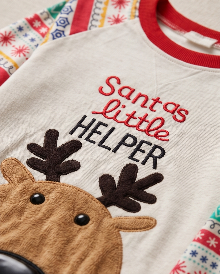 Kids Christmas cotton pajamas with reindeer graphic and 'Santa's Little Helper' text