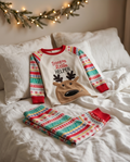 Kids Christmas cotton pajamas with reindeer graphic and 'Santa's Little Helper' text
