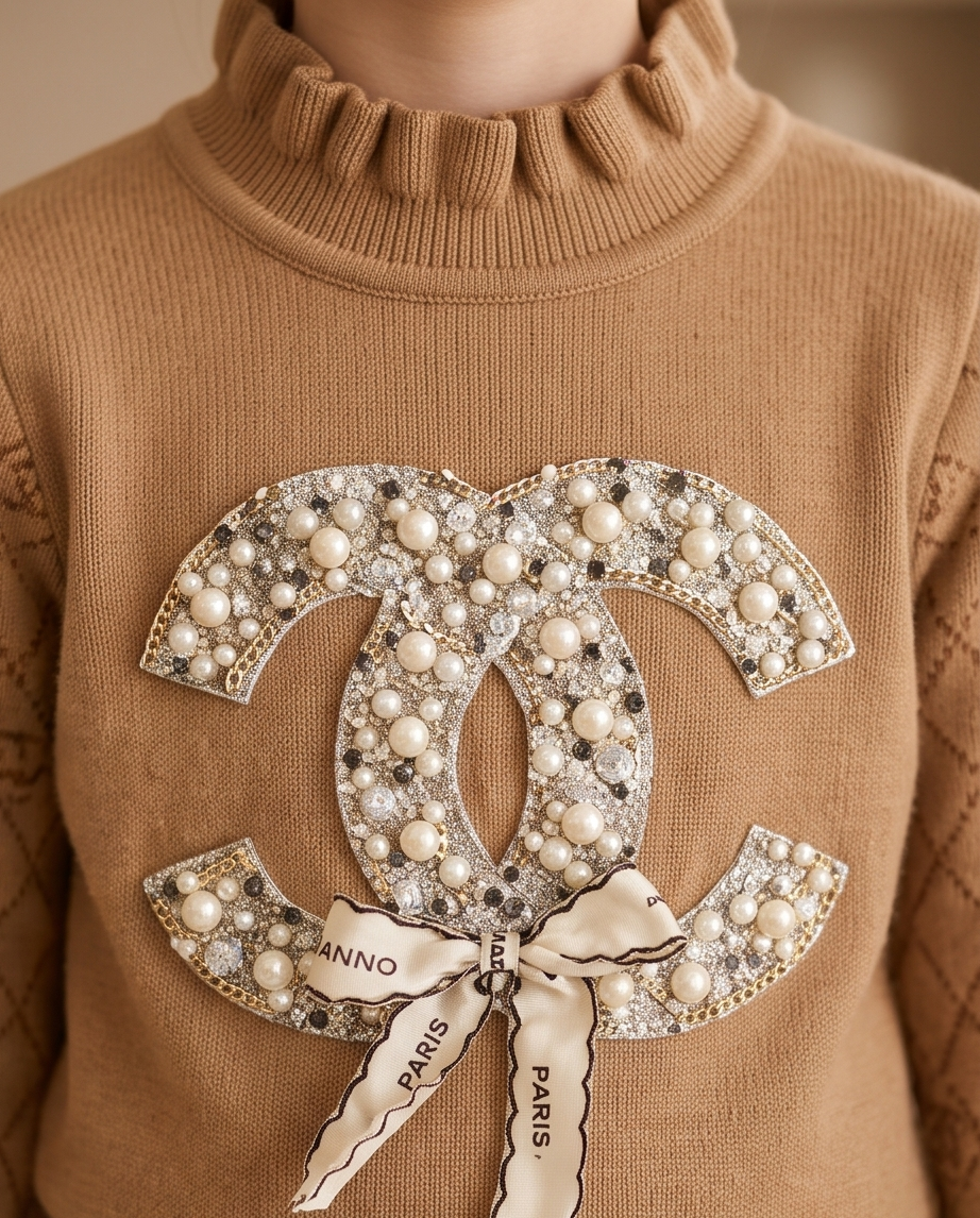 Brown & tan kids sweater and skirt set with diamond pattern and repeating logo