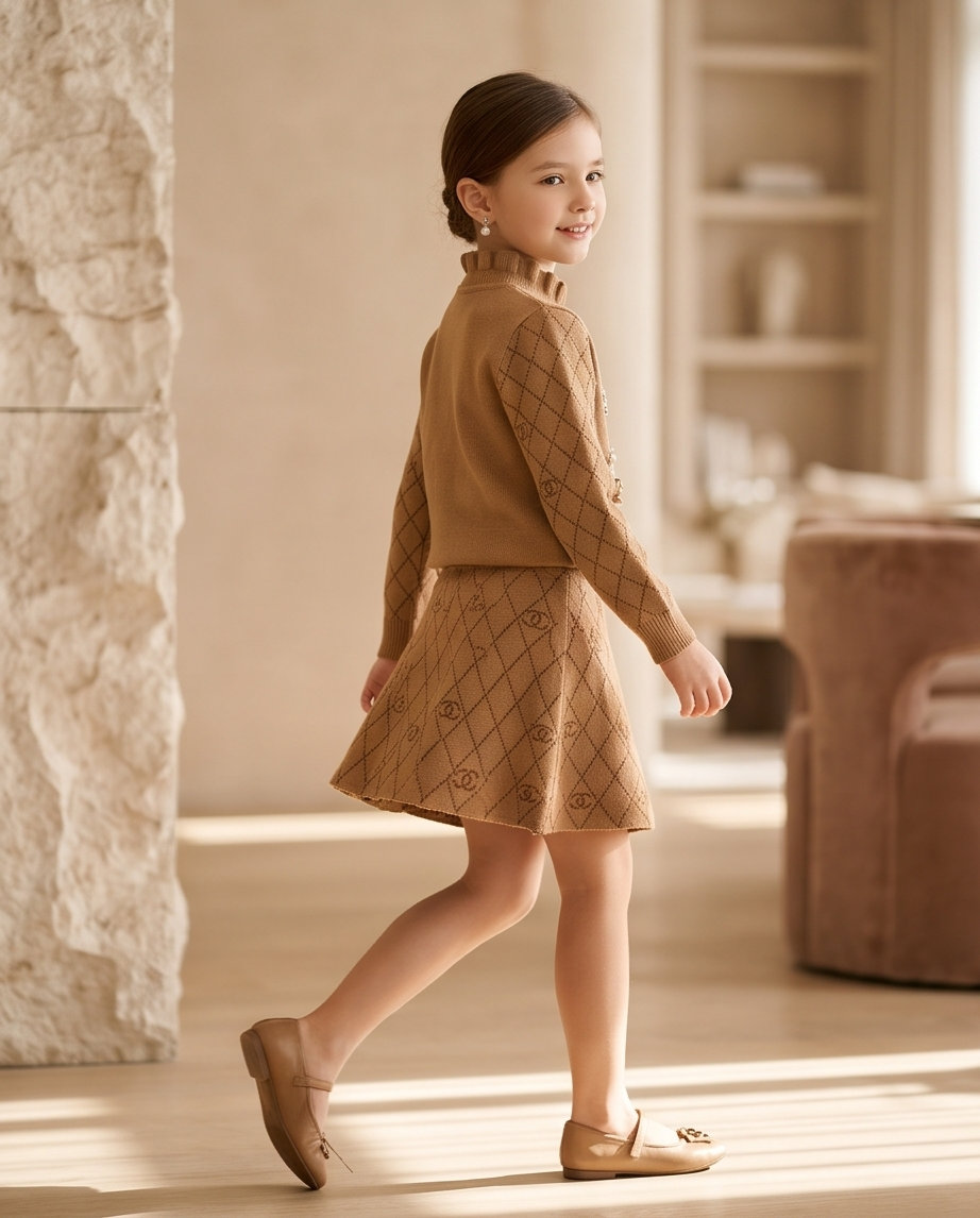 Brown & tan kids sweater and skirt set with diamond pattern and repeating logo